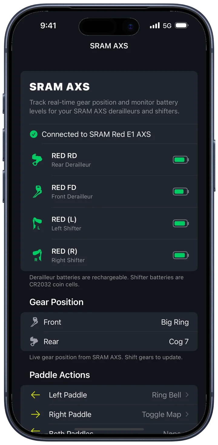 The SRAM AXS screen in Bike IQ: connected to a SRAM Red E1 AXS, battery levels for both derailleurs and both shifters, big ring and cog 7, and the left and right paddles mapped