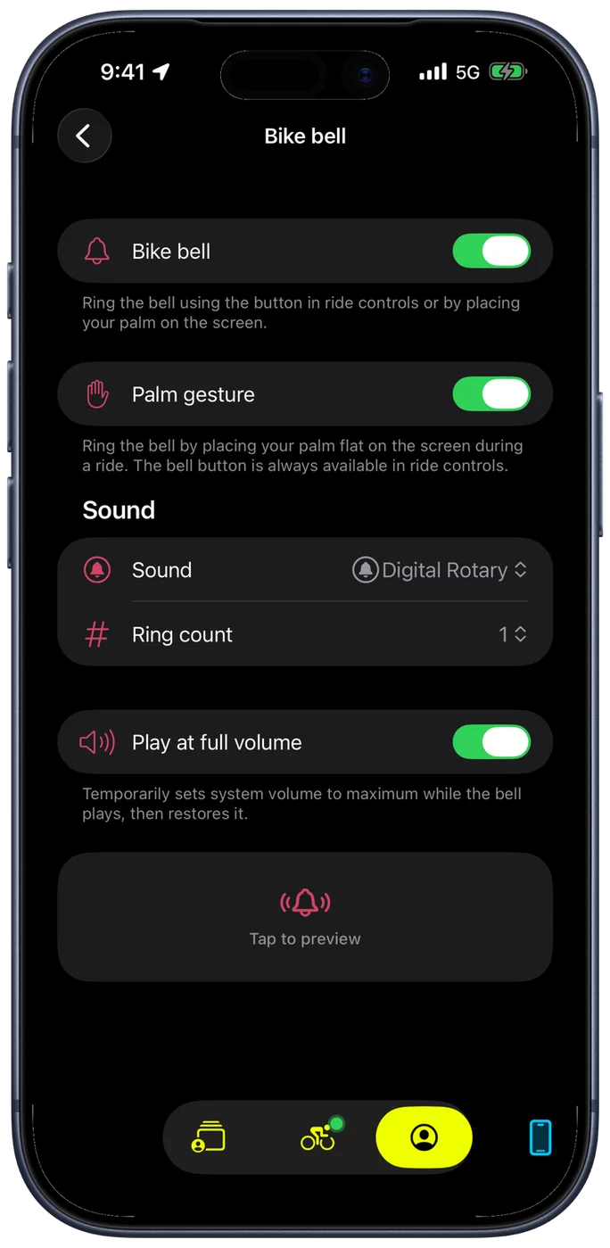 Bike IQ bike bell settings showing toggle, palm gesture, sound selection, ring count, and full volume options