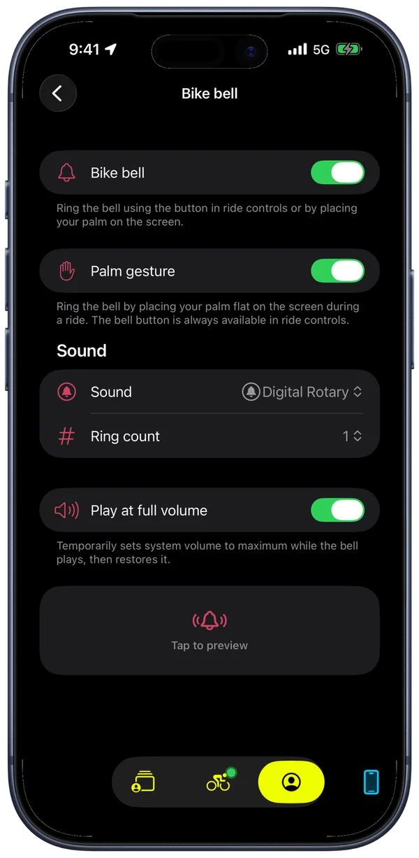 Bike IQ bike bell settings showing palm gesture toggle, sound selection, ring count, and full volume option