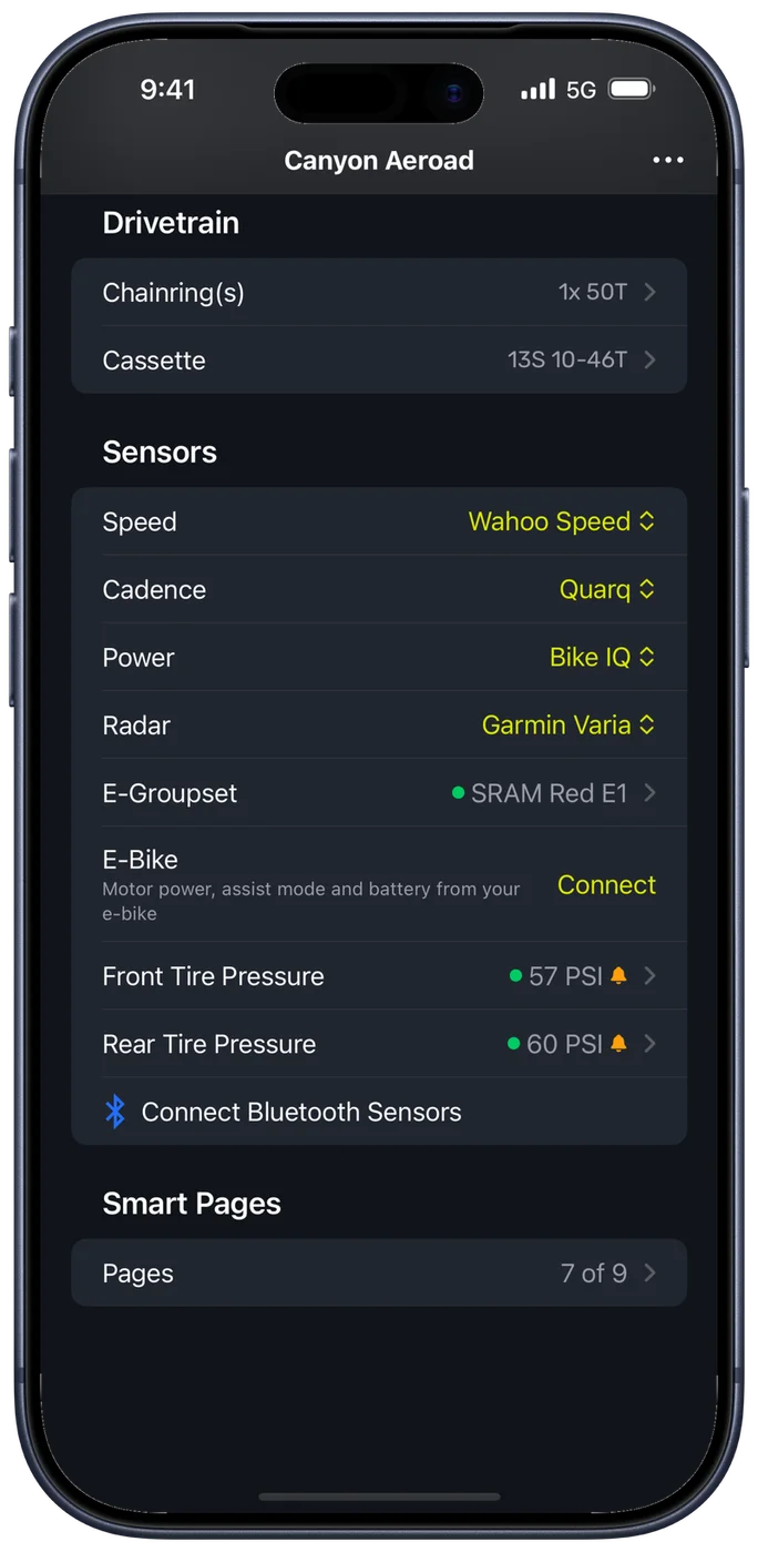 Bike settings for a Canyon Aeroad in Bike IQ, showing the drivetrain, then a Sensors list naming the speed, cadence, power, radar and groupset each slot reads from, an E-Bike row offering Connect, front and rear tire pressure, and a Smart Pages row reading 7 of 9