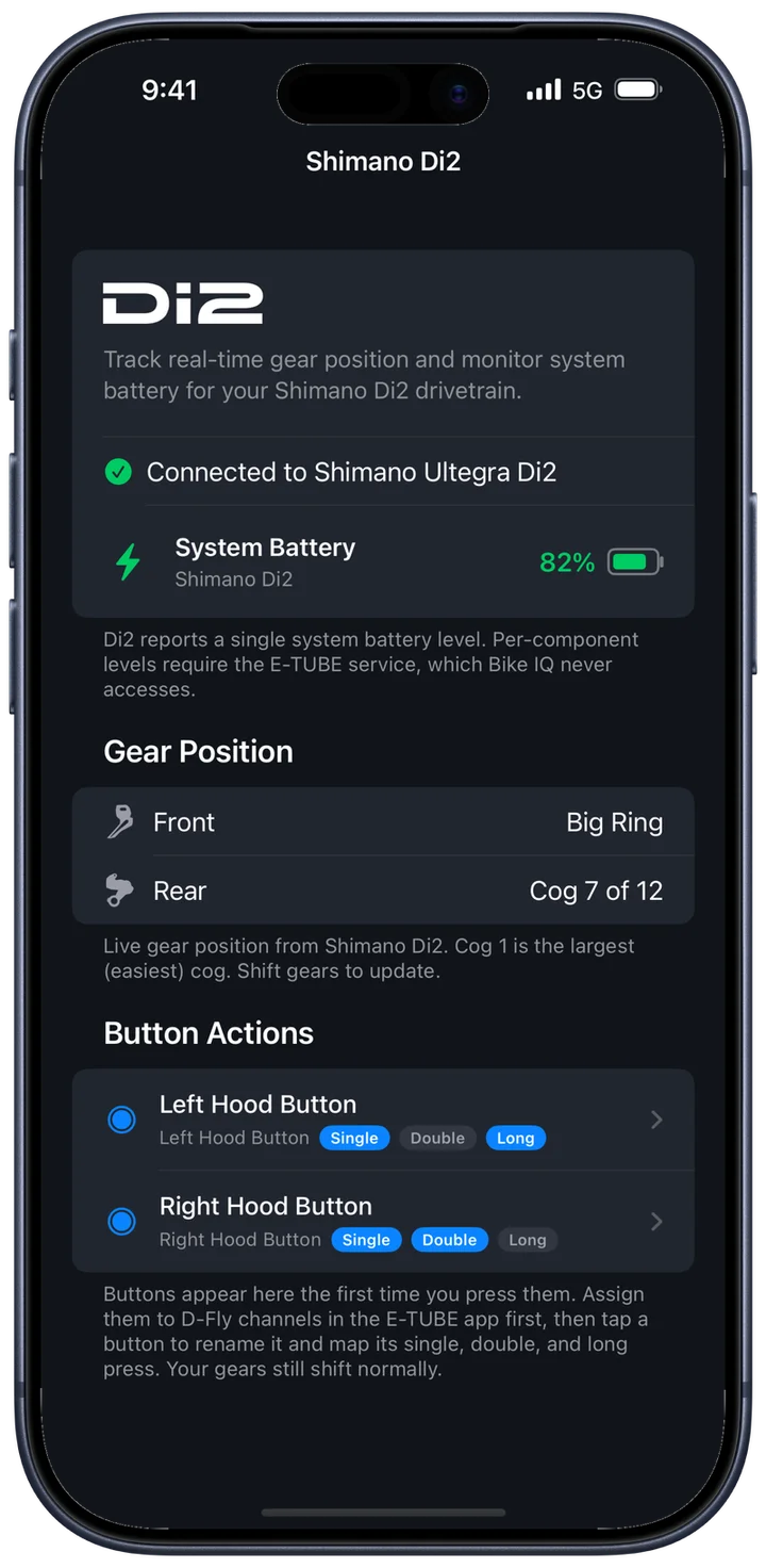 The Shimano Di2 screen in Bike IQ: connected to a Shimano Ultegra Di2, system battery at 82 percent, big ring and cog 7 of 12, and the left and right hood buttons mapped