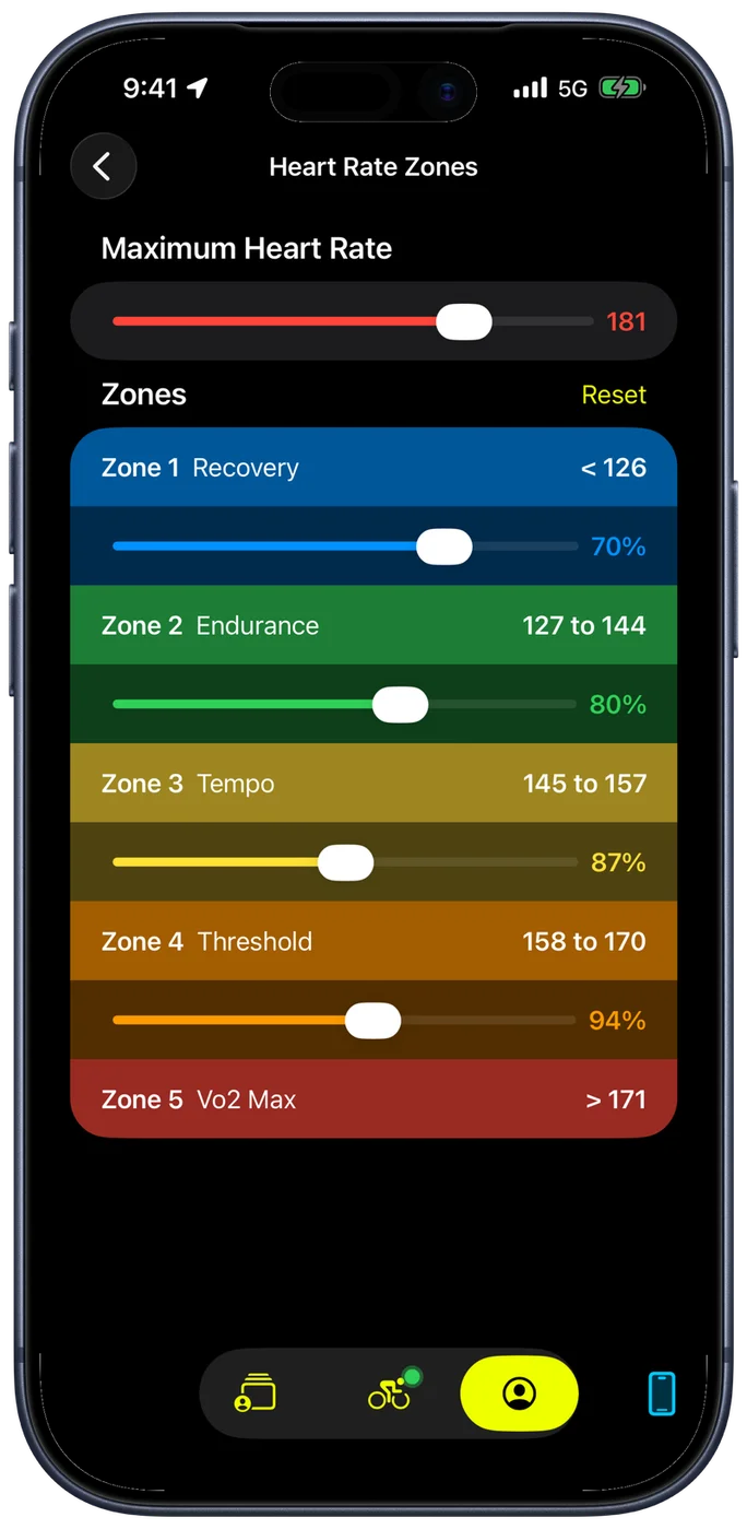 Bike IQ heart rate zones settings showing five color-coded zones from Recovery to VO2 Max with adjustable thresholds