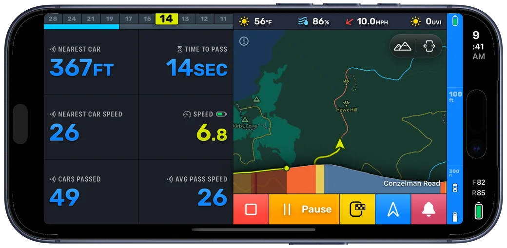 The Bike IQ Busy Road page during a ride, showing the nearest car at 125 feet, 5 seconds to pass, the car's speed beside the rider's, and 49 cars passed