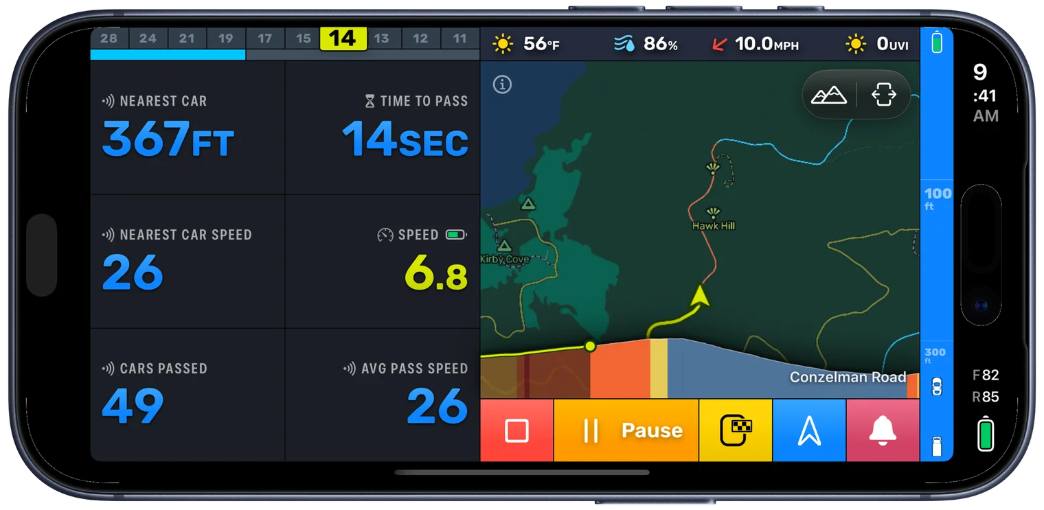 The Bike IQ Busy Road page during a ride, showing the nearest car at 125 feet, 5 seconds to pass, the car's speed beside the rider's, and 49 cars passed, with the radar strip orange down the edge of the screen