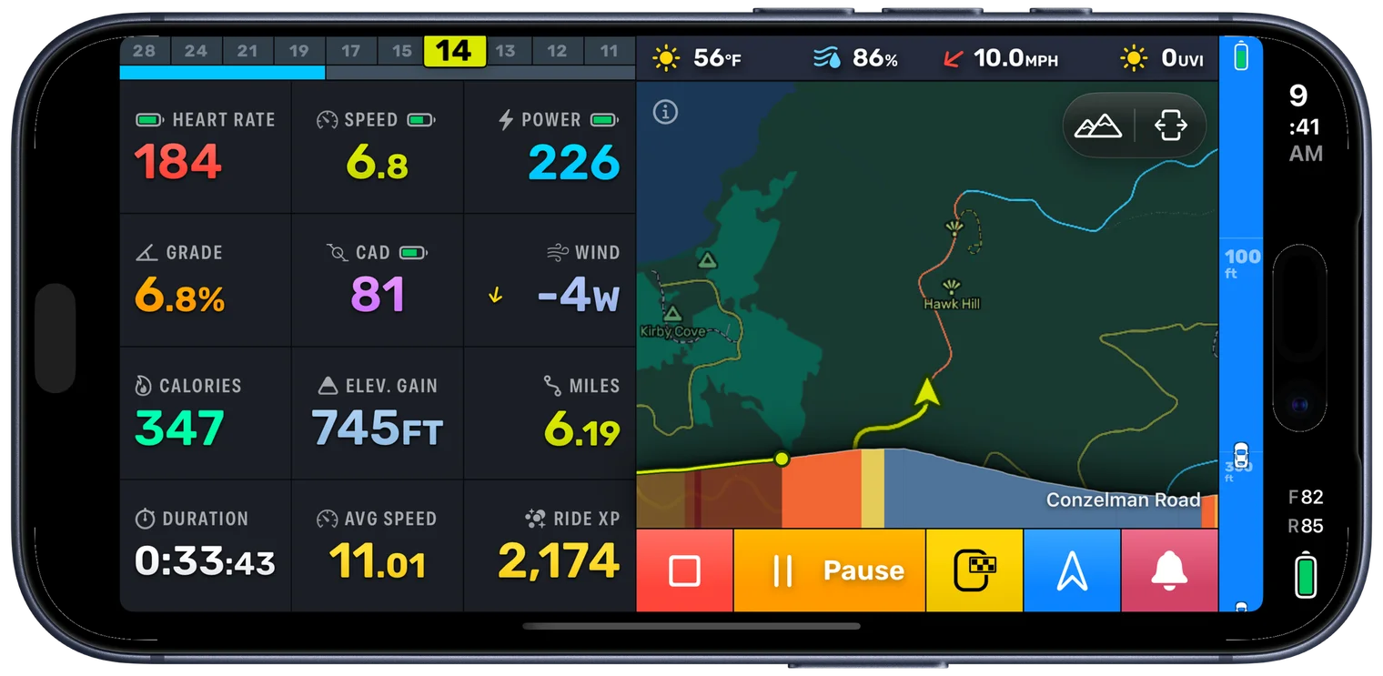 Bike IQ in landscape with the Default page: twelve metrics including heart rate, speed, power, grade and cadence on the left, and the live map with the road ahead profile on the right