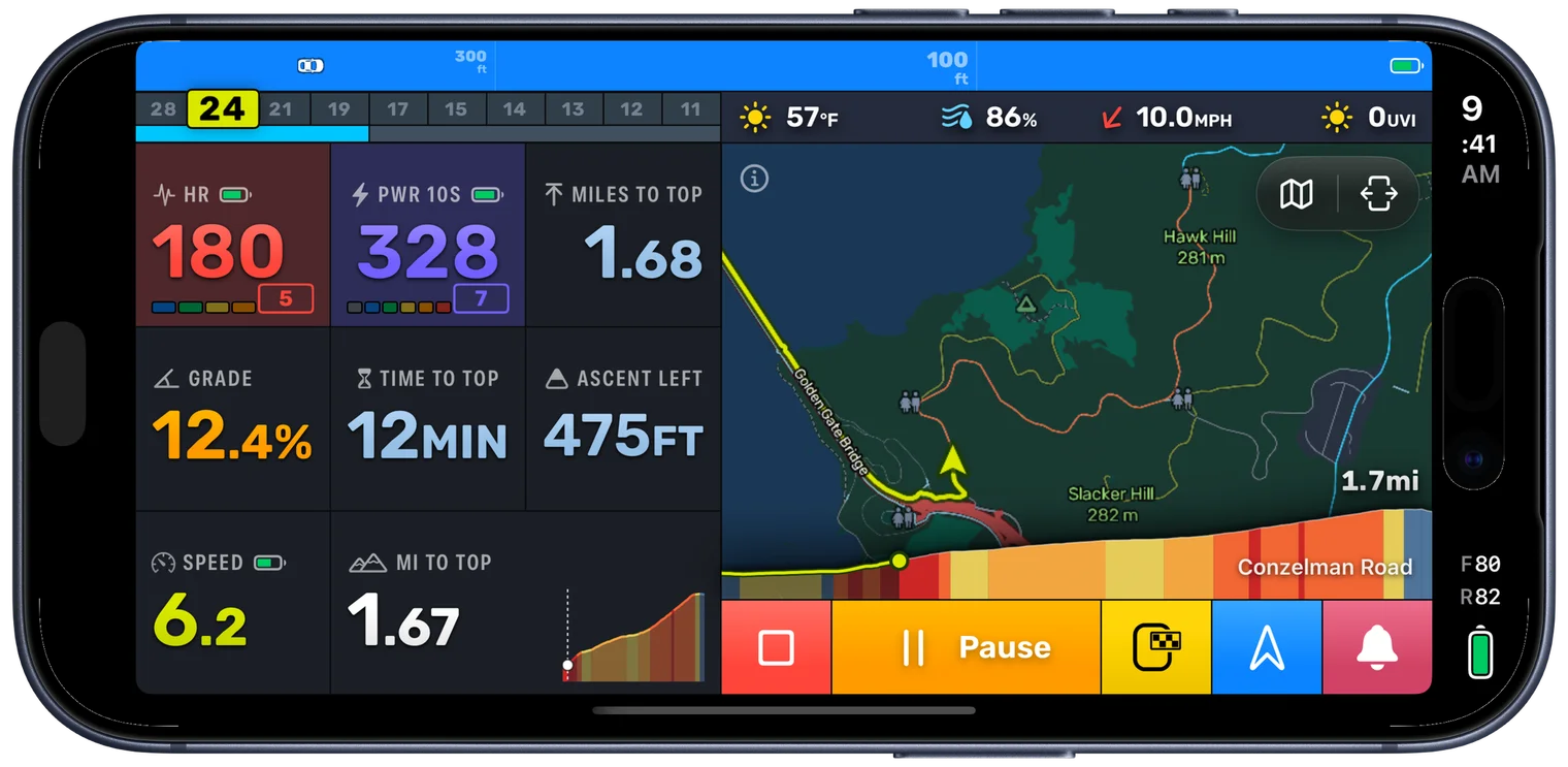 The Bike IQ Climb page during a ride at 12.1 percent grade, showing heart rate and 10 second power in their zones, 1.68 miles and 12 minutes to the top, 475 feet of ascent left, beside the map of the climb