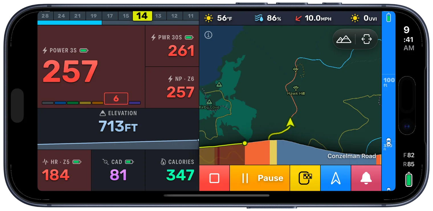 The same moment again with the Effort page: 3 second power at 254 in its zone, 30 second and normalized power, and the ride's elevation profile, beside the map, in the same place as before