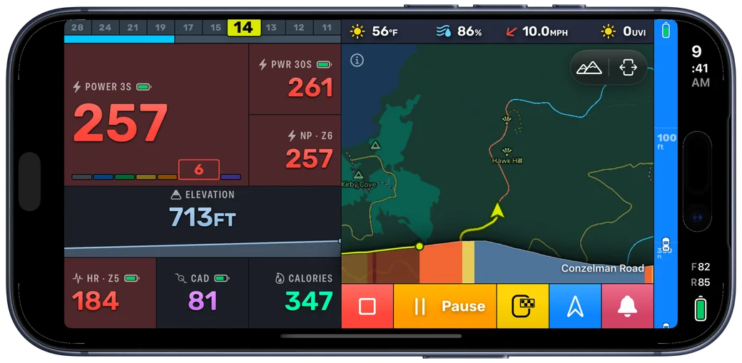 The Bike IQ Effort page during a ride, showing 3 second power at 254 in its zone, 30 second and normalized power, and the ride's elevation profile, beside the live map