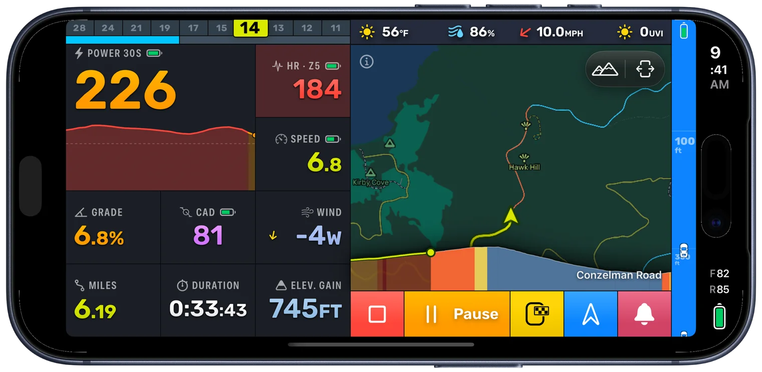 The same moment of the same ride with the Ride page: 30 second power at 245 drawn as a graph, heart rate in its zone, speed, grade and cadence, beside the map, in the same place as before