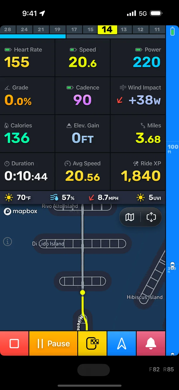 Bike IQ ride screen showing the bell icon in the session controls bar