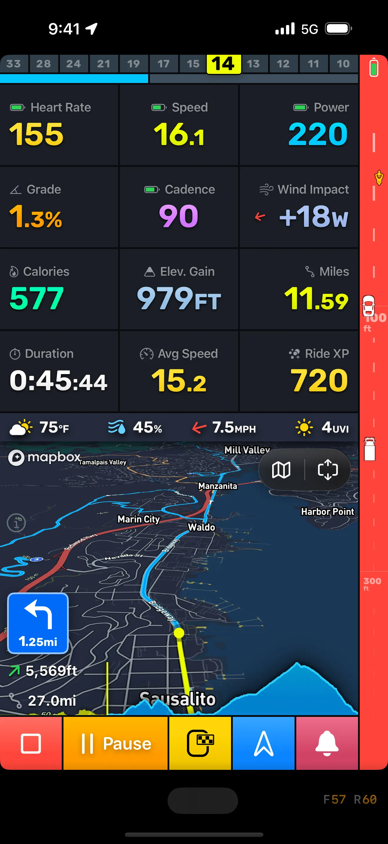 Bike IQ ride screen with enhanced radar showing a motorcycle, car, and truck with lateral positioning