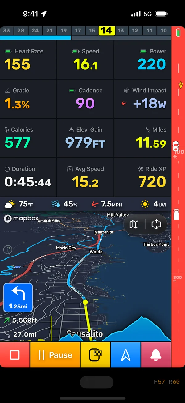 Bike IQ ride screen with enhanced radar showing a motorcycle, car, and truck with lateral positioning