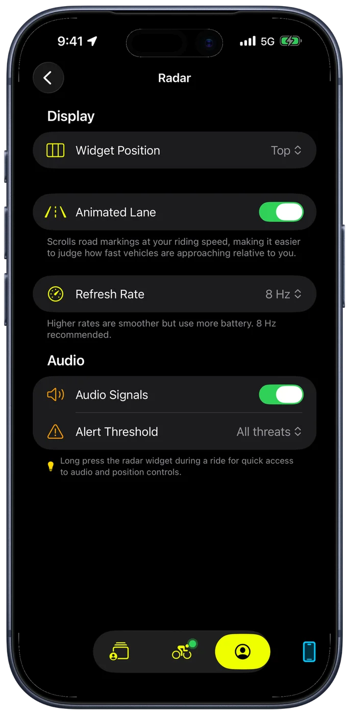 Radar widget settings: position, animated lane, audio signals and alert threshold