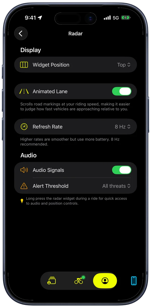 Bike IQ radar settings screen showing widget position, animated lane, refresh rate, and audio alerts