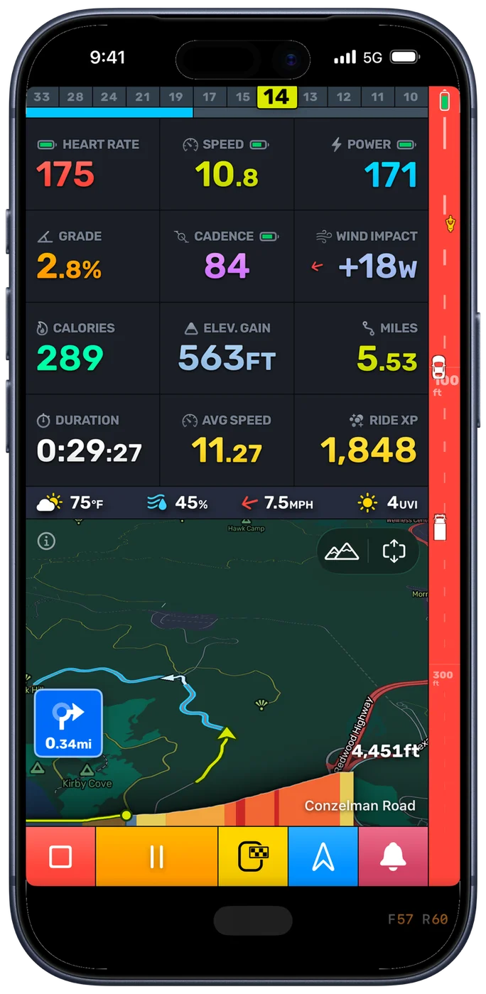 The Bike IQ ride screen with a radar paired, showing the radar strip running down the edge of the screen in red with vehicles marked along it against 100 foot and 300 foot range labels