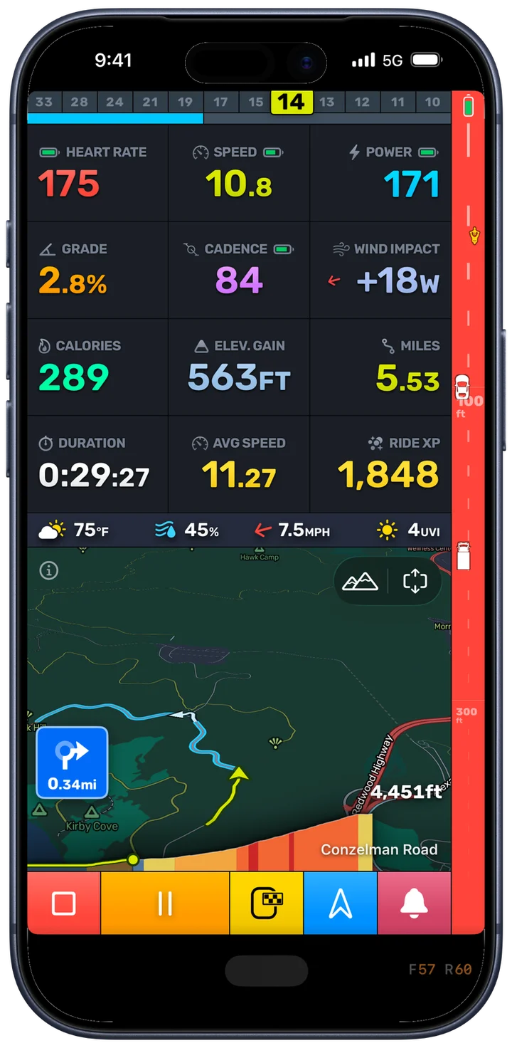Bike IQ during a ride with the radar strip down the right edge showing a car approaching from behind