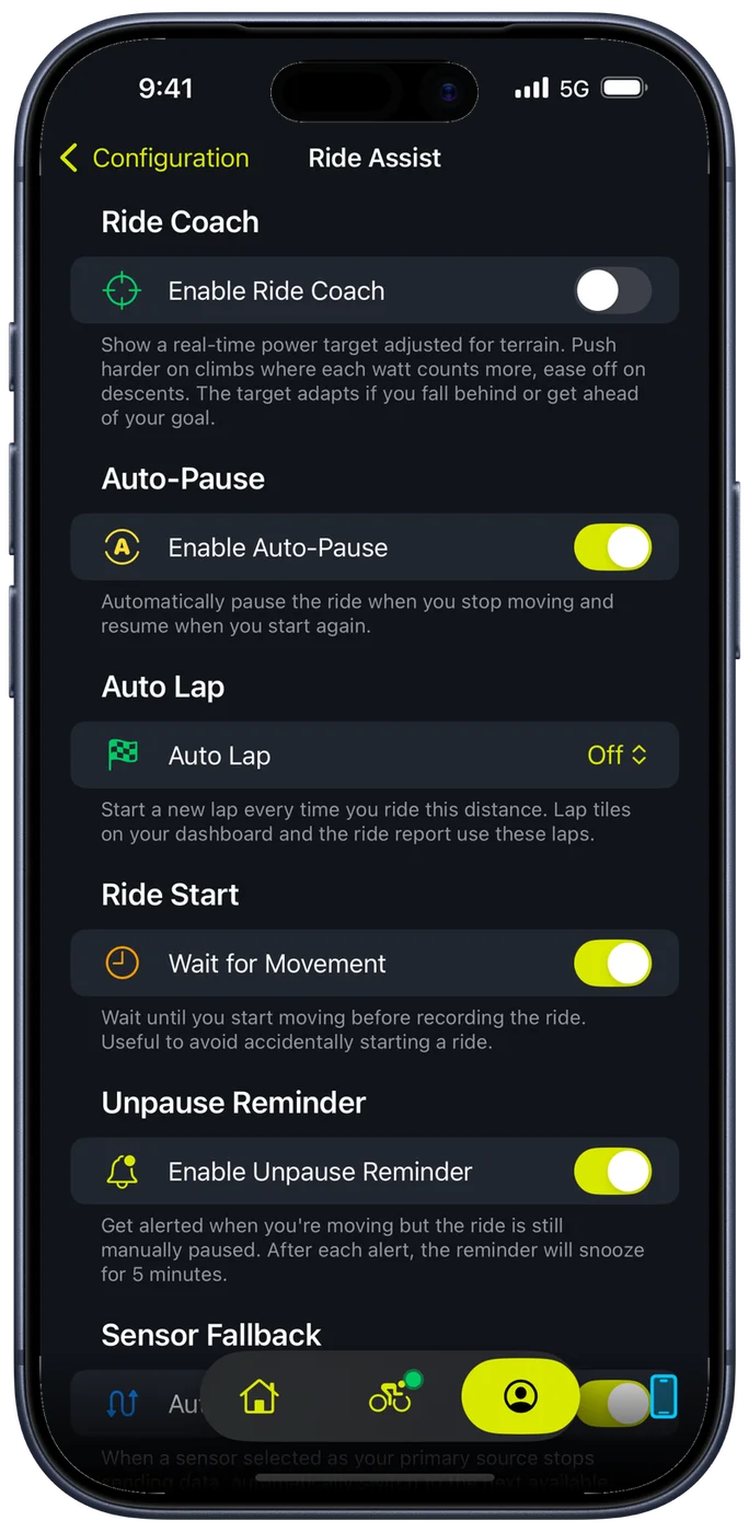 The Bike IQ Ride Assist settings screen, with Auto-Pause, an Auto Lap distance picker set to Off, Wait for Movement under Ride Start, the Unpause Reminder, Auto-Switch Source under Sensor Fallback, and Live Activity
