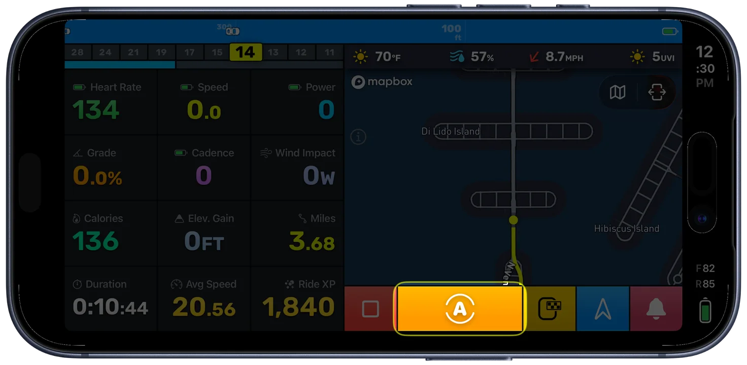 Bike IQ auto-paused state showing the auto-pause indicator on the session controls