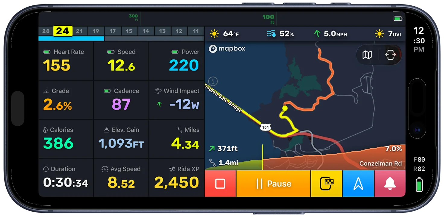 Bike IQ climb-ahead detection showing upcoming gradient, distance, and elevation gain on the ride screen