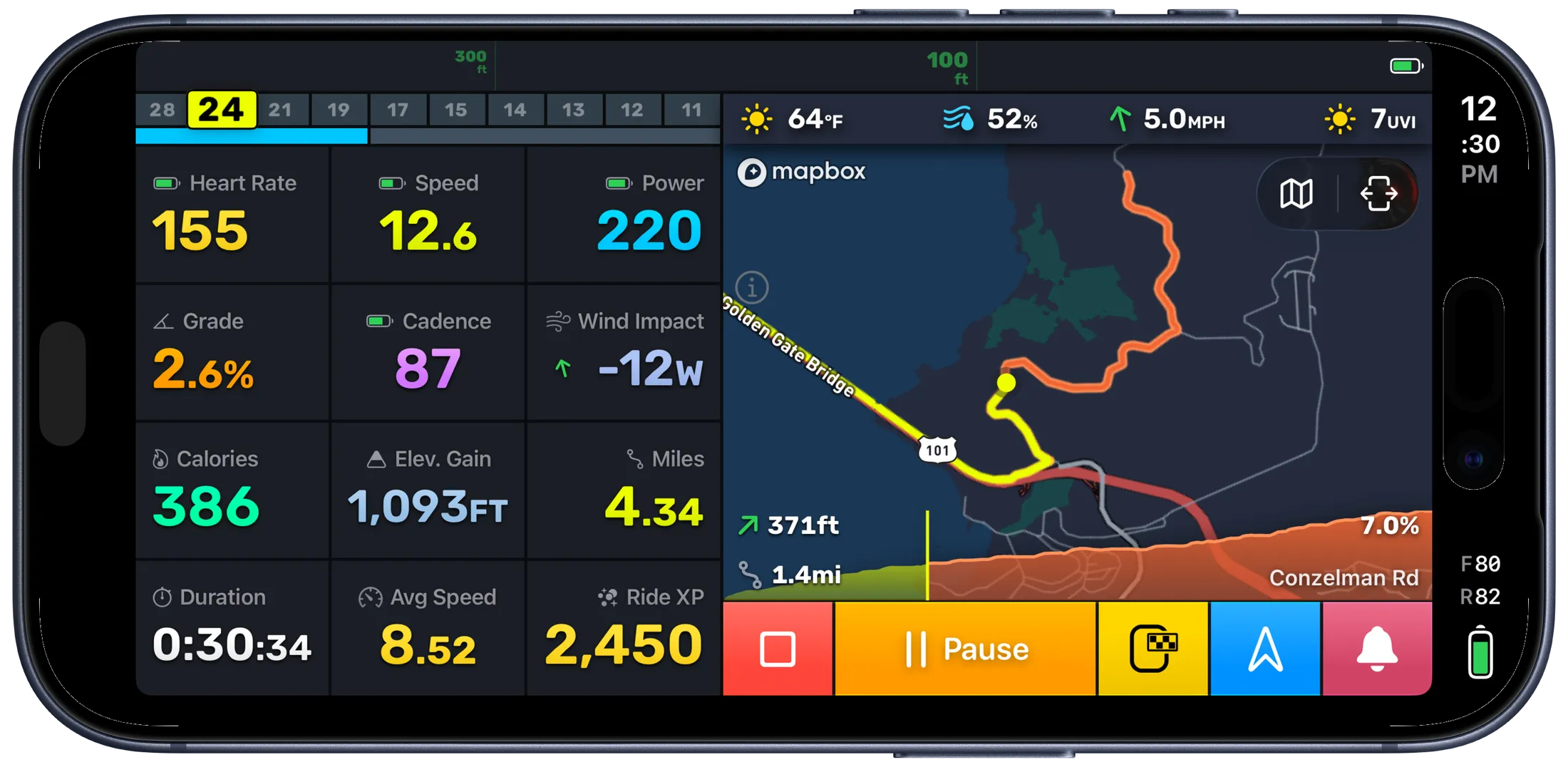 Bike IQ climb-ahead detection showing upcoming gradient, distance, and elevation gain on the ride screen