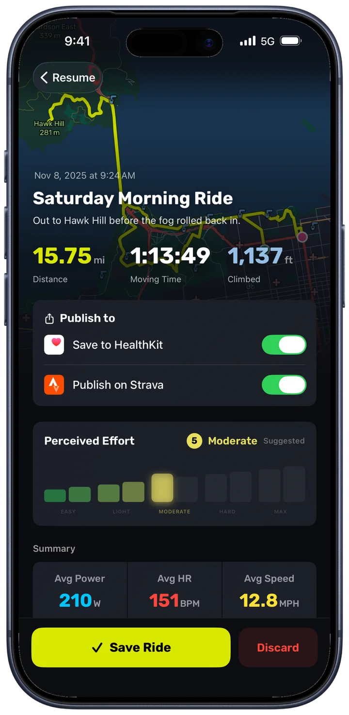 The Bike IQ finish screen: Saturday Morning Ride, distance, moving time and climbing, with Publish on Strava switched on