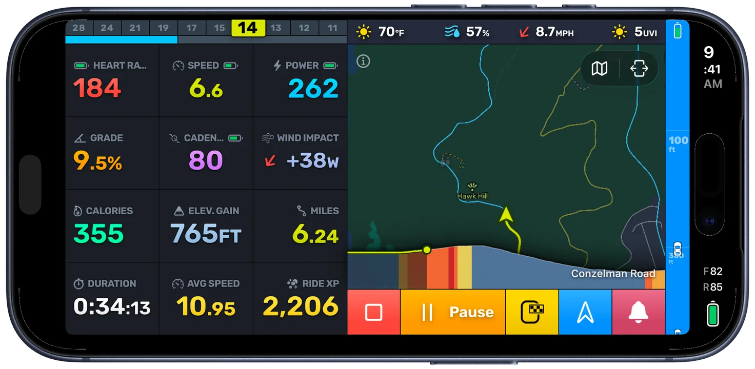 The Bike IQ ride screen in landscape, with metrics on the left and the live map on the right showing the rider's position, the track trailing behind, the current road name, and the road-ahead elevation profile along the bottom of the map