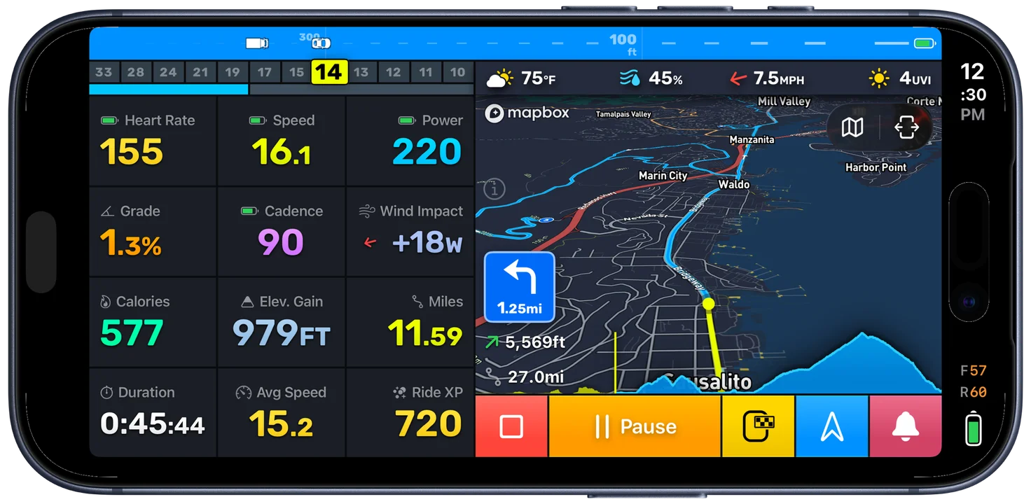 Bike IQ turn-by-turn navigation showing route polyline, turn instruction banner, and live ride metrics