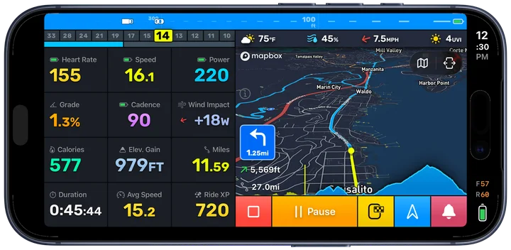 Bike IQ navigating a route: the next turn over the map, beside heart rate, speed and power