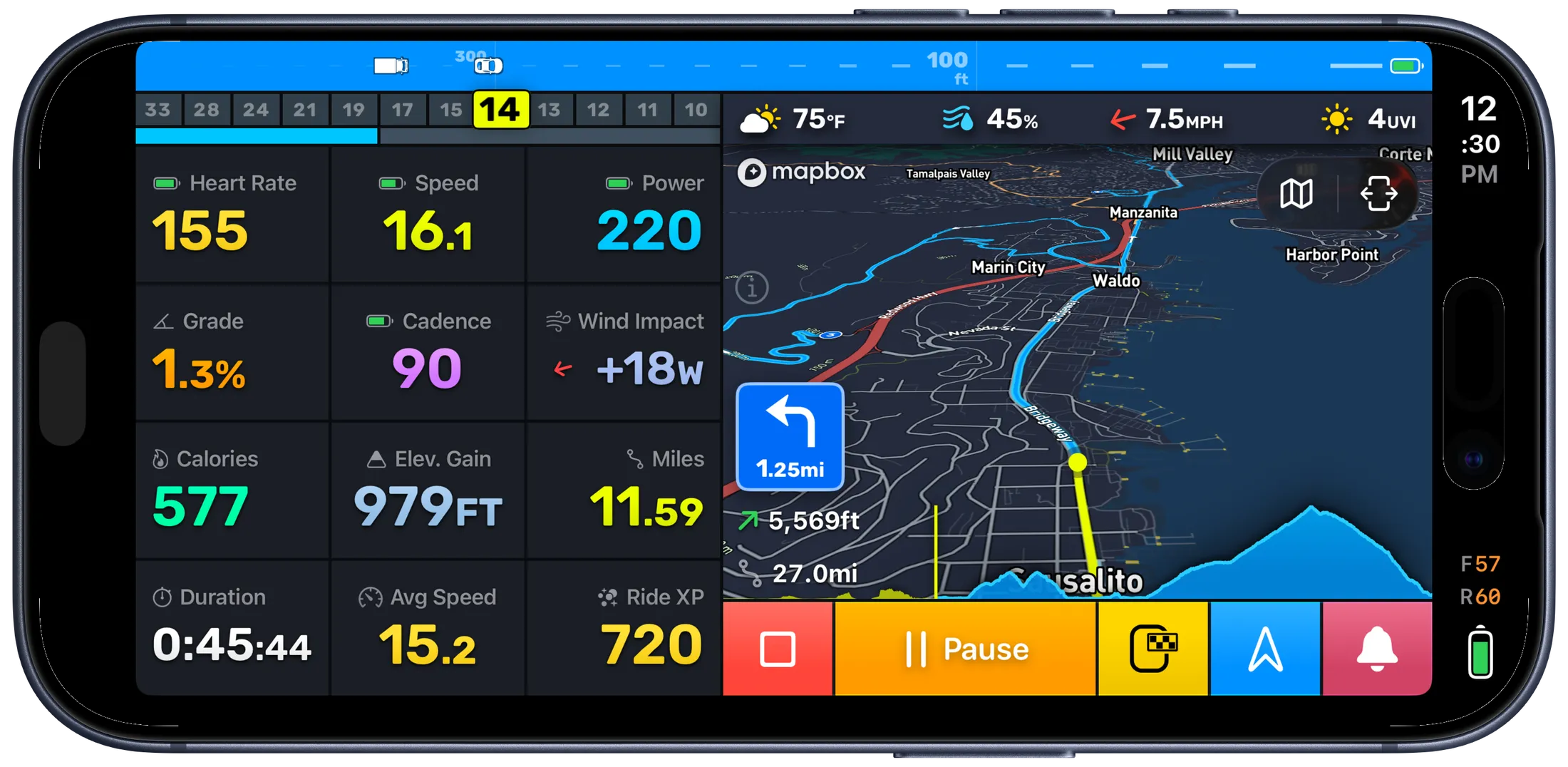 Bike IQ turn-by-turn navigation showing route polyline, turn instruction banner, and live ride metrics