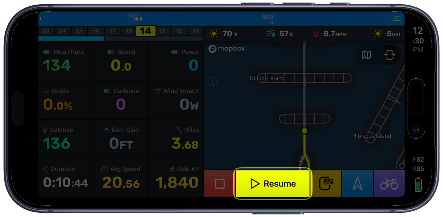 Bike IQ manually paused showing Resume button
