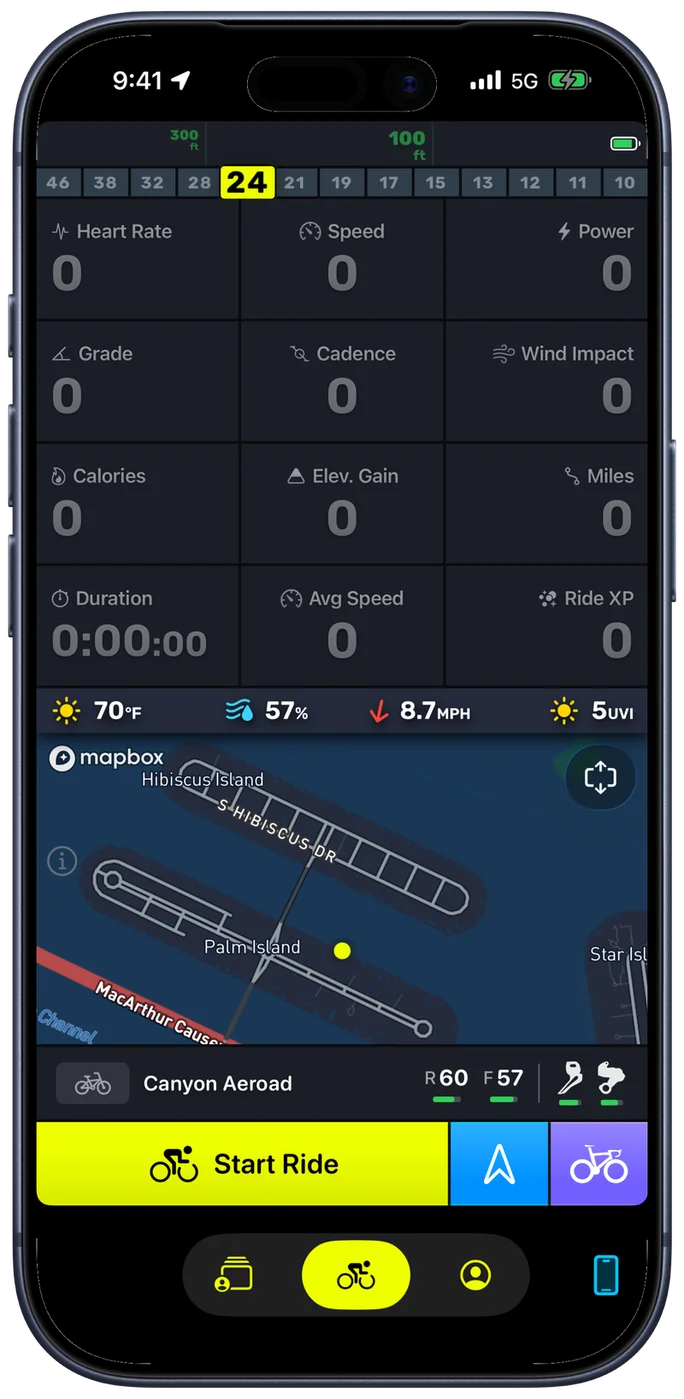 Bike IQ pre-ride screen showing bike selection, map, and Start Ride button