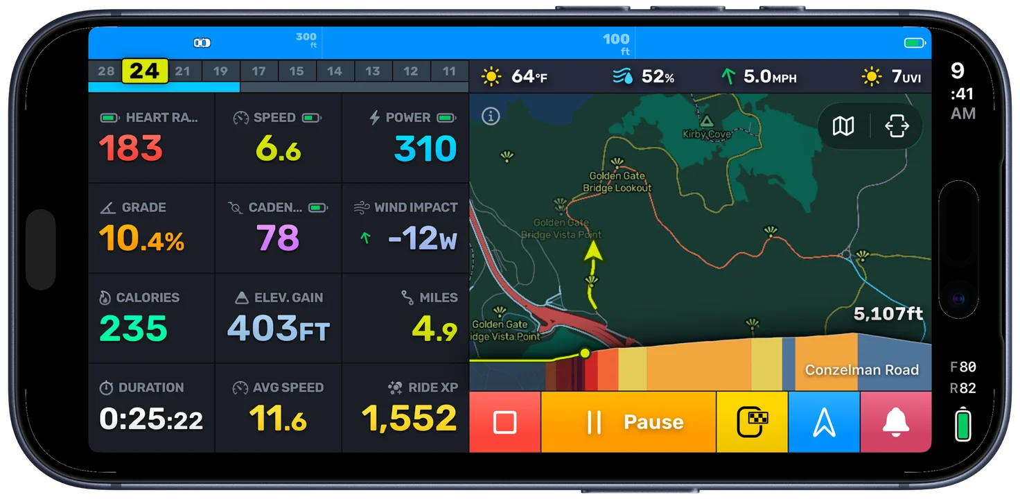 Bike IQ ride screen in landscape showing the road ahead elevation profile along the bottom of the map, shaded by grade, with the rider's position marked on the profile and 5,107 feet remaining to the top of the climb on Conzelman Road