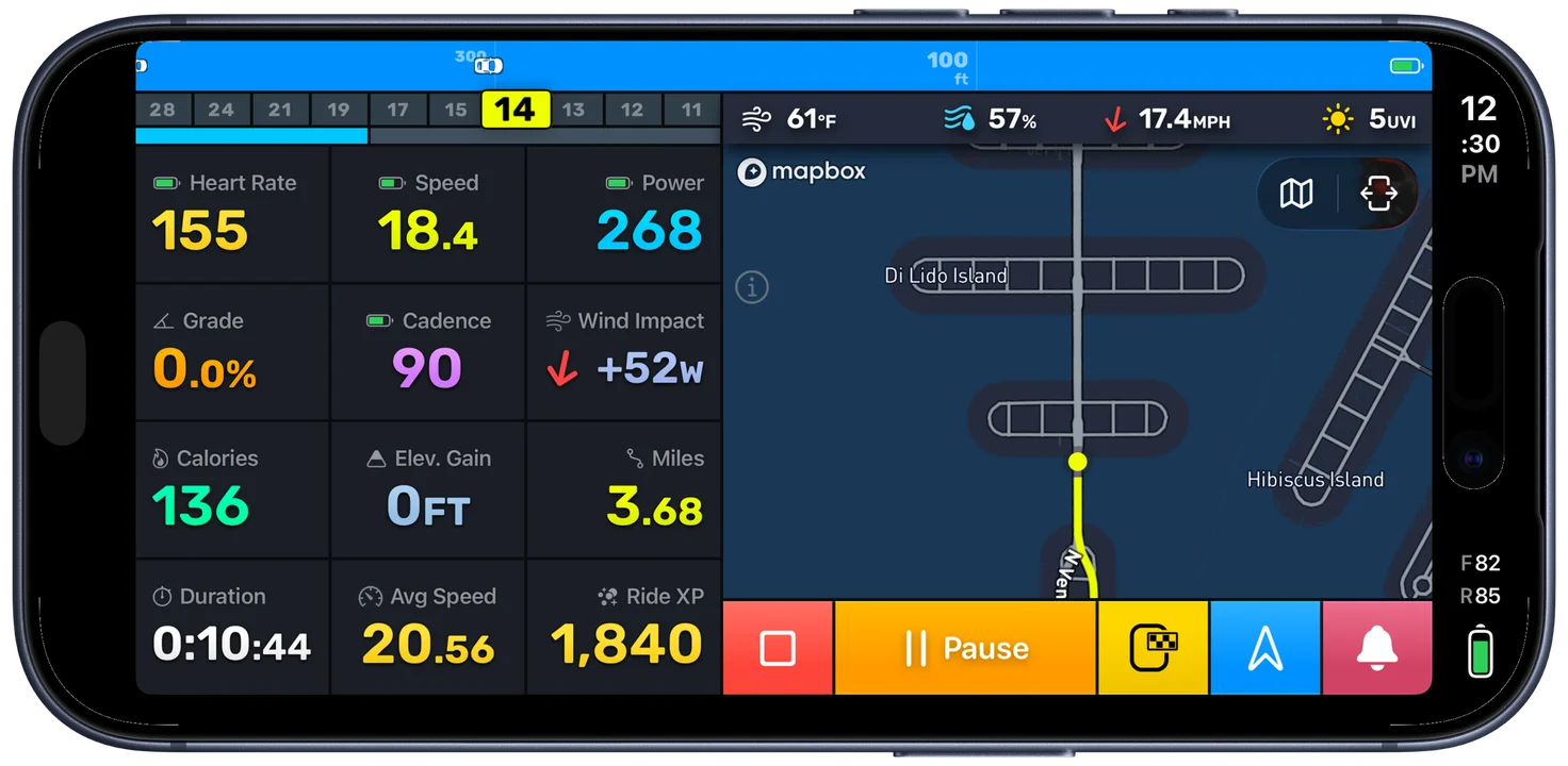 Bike IQ ride screen showing 52W headwind impact, 28 km/h wind speed, and adjusted power output during a windy ride