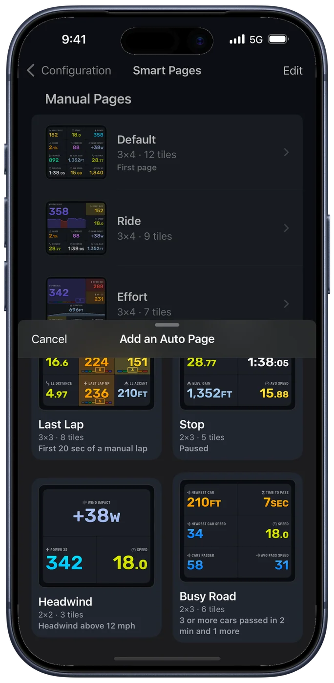 The Add an Auto Page sheet in Bike IQ showing the Last Lap, Stop, Headwind and Busy Road templates, each with a preview of its tiles, its grid size and the condition that brings it up