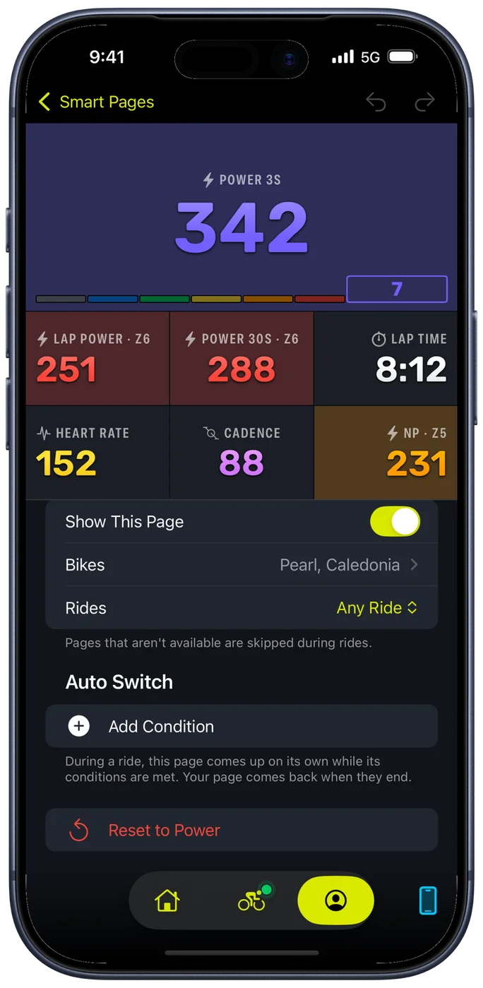 The Availability section of the Bike IQ page editor, with a Show This Page switch, a Bikes row reading Pearl and Caledonia, a Rides row set to Any Ride, and the Auto Switch section below it