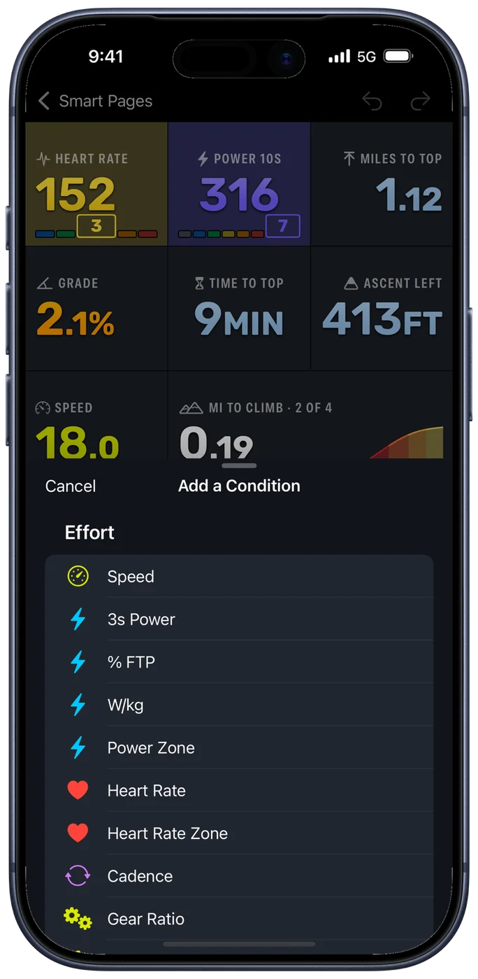 Adding a condition to a Bike IQ page, with the Effort group listing Speed, 3s Power, percentage of FTP, watts per kilogram, Power Zone, Heart Rate, Heart Rate Zone, Cadence and Gear Ratio