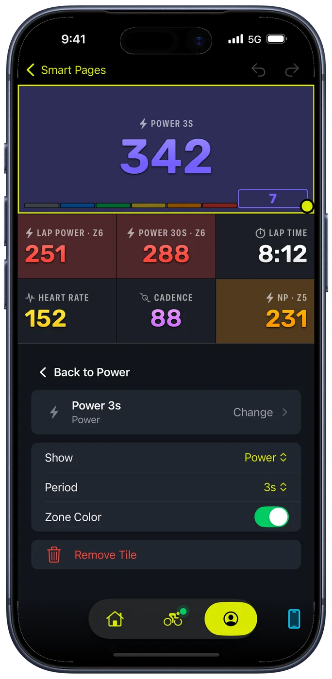 The Bike IQ page editor with the Power 3s tile selected and outlined, and an inspector below it offering what the tile shows, its period, a zone colour switch and a remove button