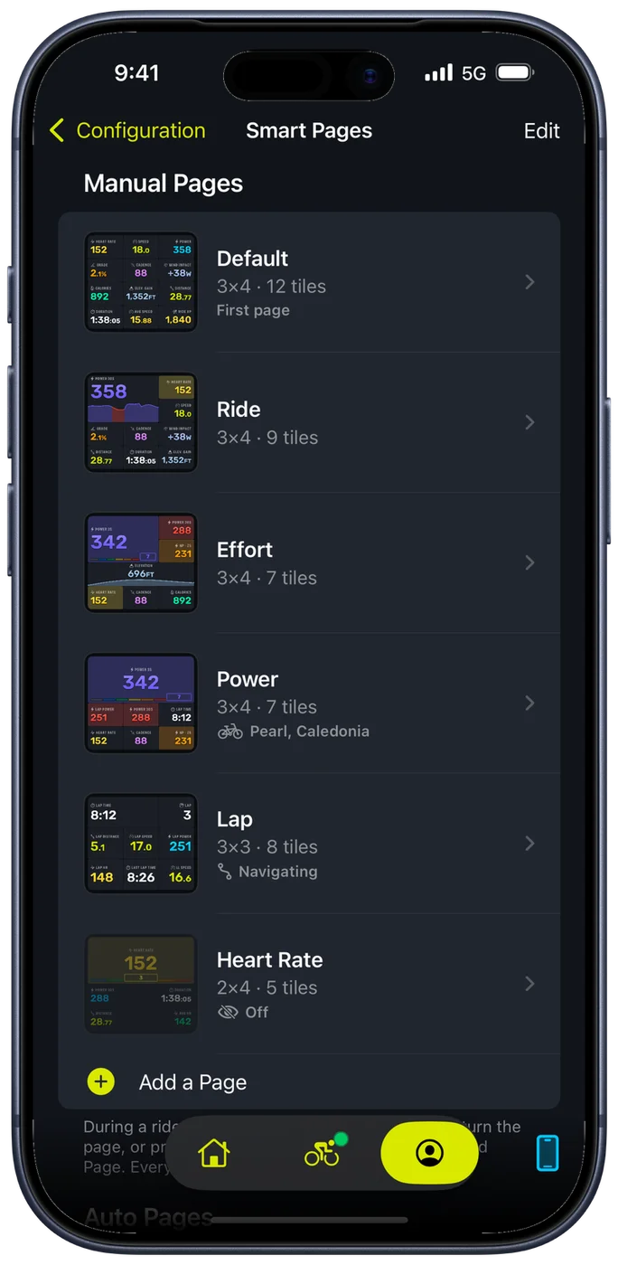 The Bike IQ Smart Pages screen listing Default, Ride and Effort under Manual Pages, then Climb and Descent under Auto Pages, each with its grid size, tile count and the condition that brings it up