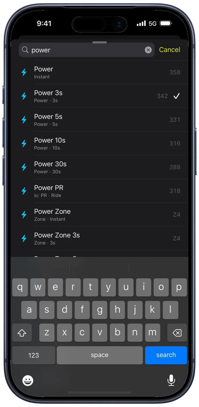 The Bike IQ metric list searched for power, returning instant power, rolling averages over 3, 5, 10 and 30 seconds, Power PR, and power zone in two forms, each with its live value