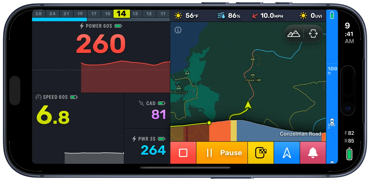 A Bike IQ ride page where the 60 second power tile reads 226 with a red trace of the last minute drawn beneath it, above a 60 second speed tile with its own trace, beside plain cadence and 3 second power tiles