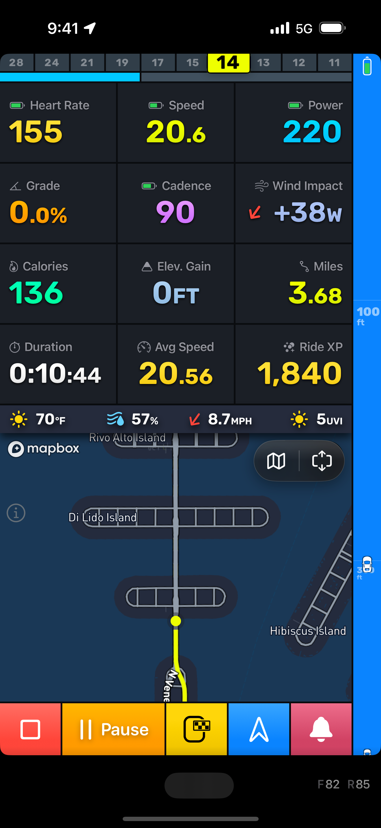 Bike IQ ride dashboard with standard radar widget showing two vehicles approaching