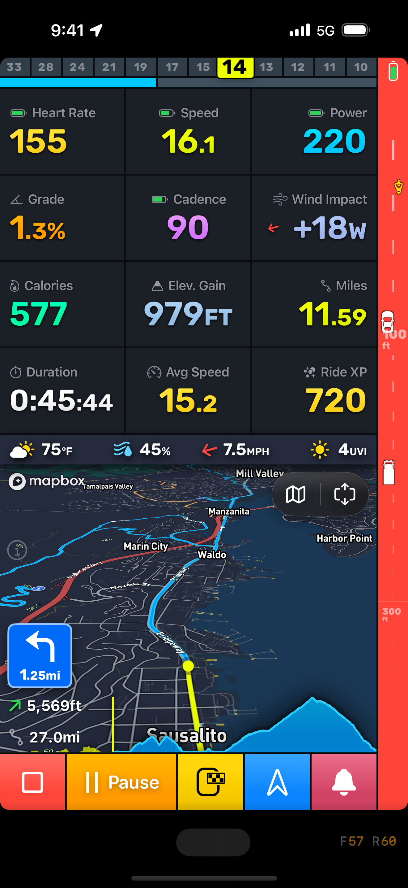 Bike IQ ride screen with enhanced radar showing a motorcycle, car, and truck with lateral positioning