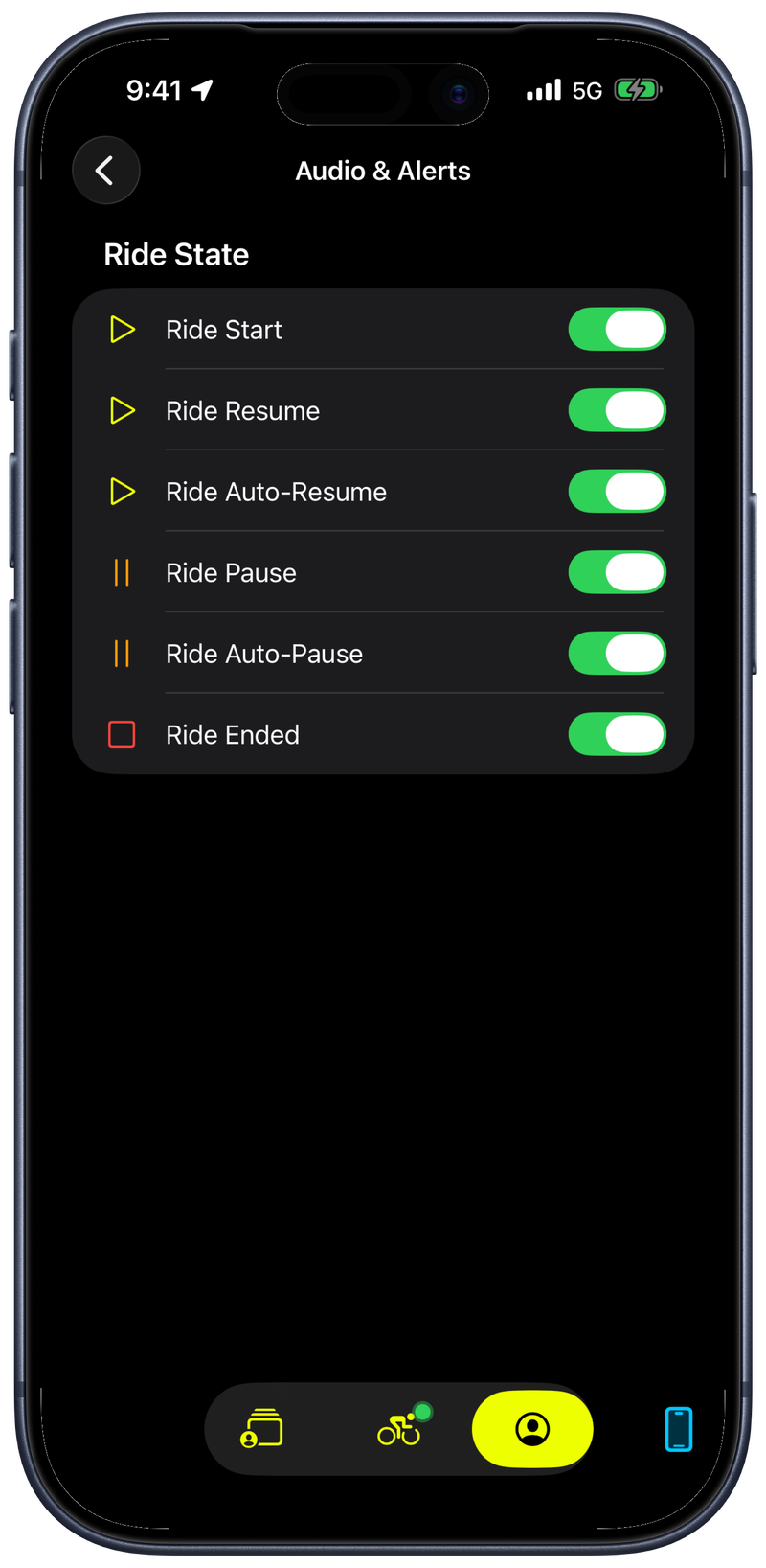 Audio alerts for ride events — start, pause, resume, and end sounds