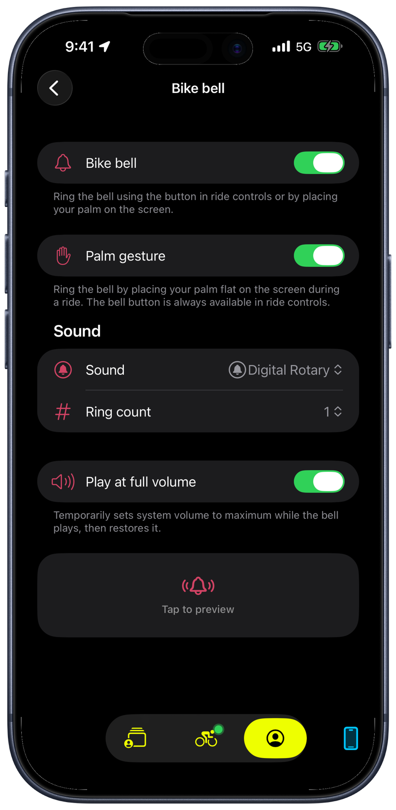 Bike IQ bike bell settings showing palm gesture toggle, sound selection, ring count, and full volume option