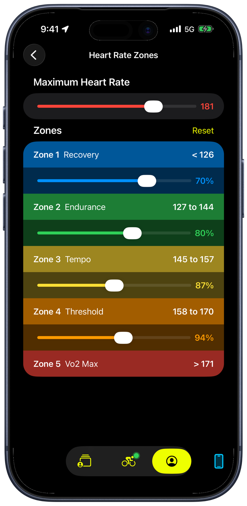 Bike IQ heart rate zones settings showing five color-coded zones from Recovery to VO2 Max with adjustable thresholds