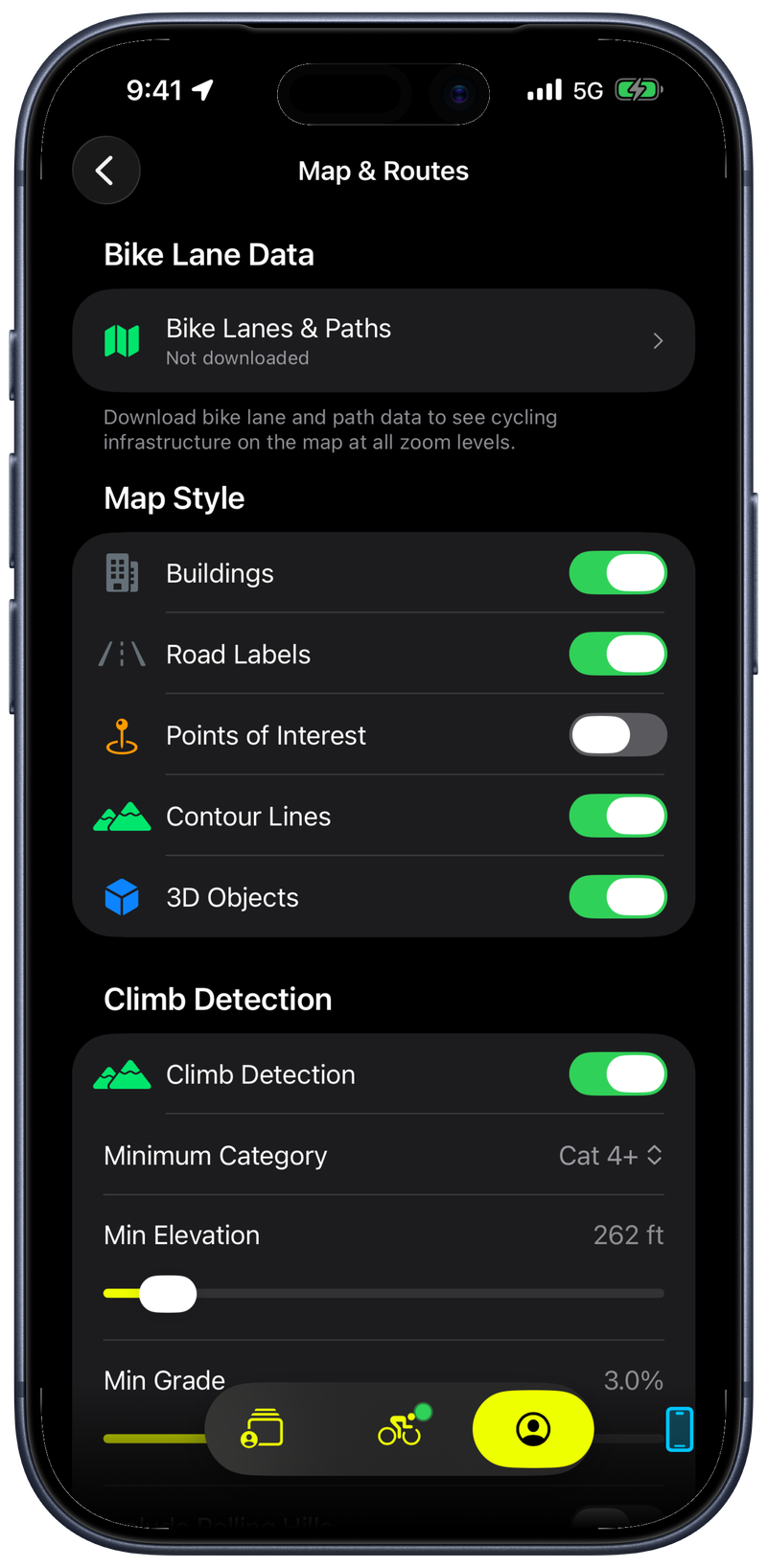 Map and route settings — bike lanes, map style, and climb detection