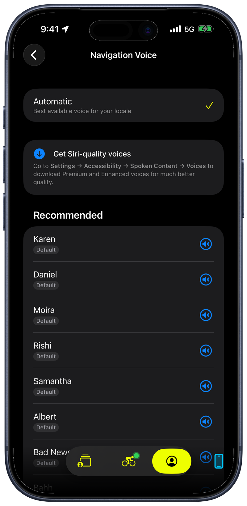 Navigation voice selection with language and quality options