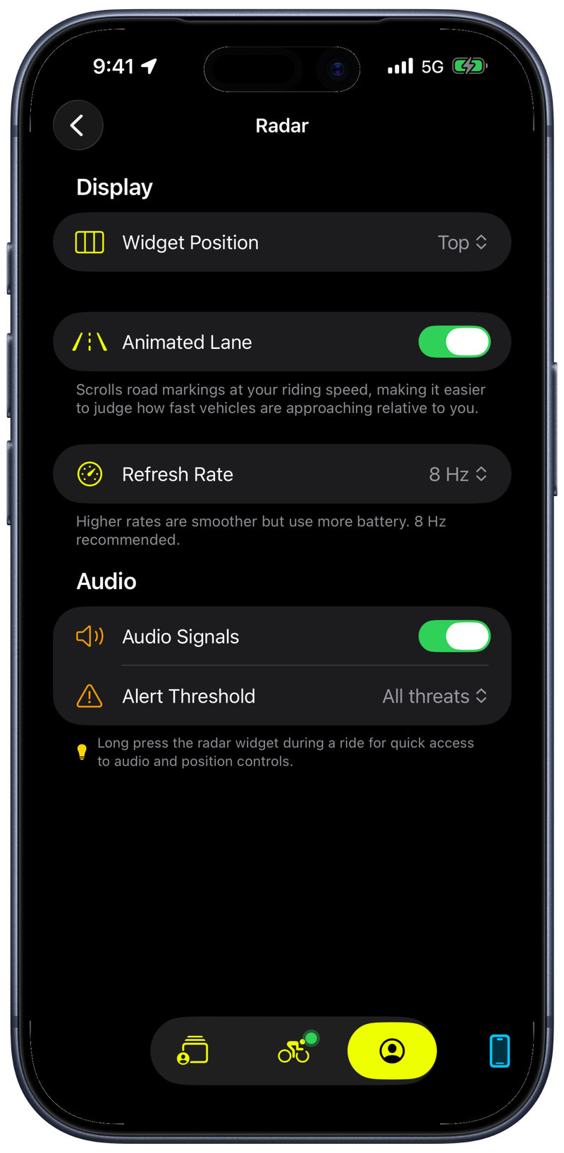 Bike IQ radar settings screen showing widget position, animated lane, refresh rate, and audio alerts