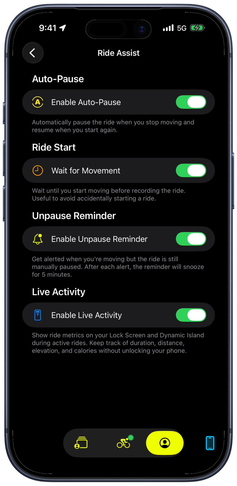 Ride Assist settings — Auto-Pause, Wait for Movement, Unpause Reminder, and Live Activity