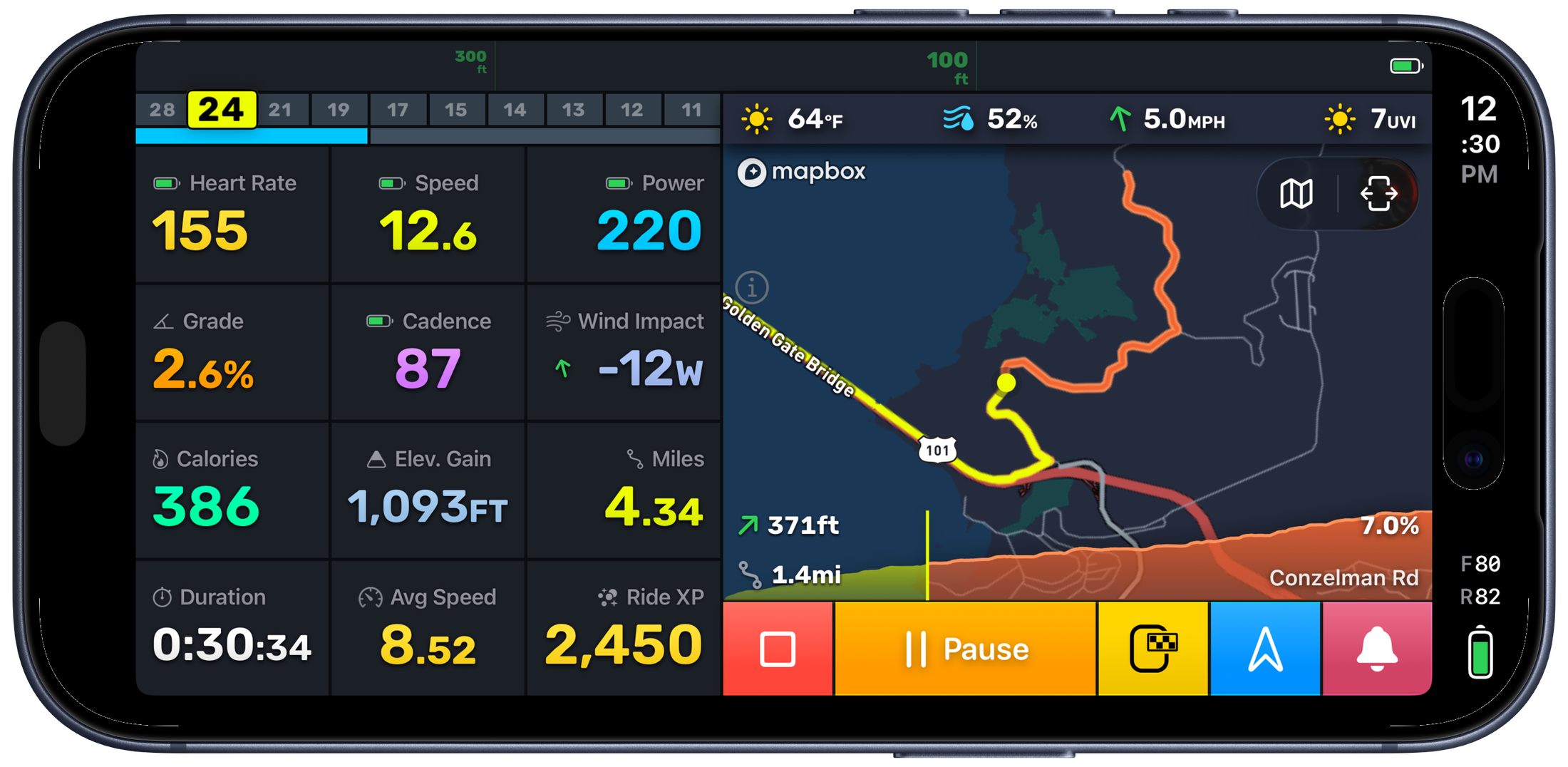 Bike IQ climb-ahead detection showing upcoming gradient, distance, and elevation gain on the ride screen